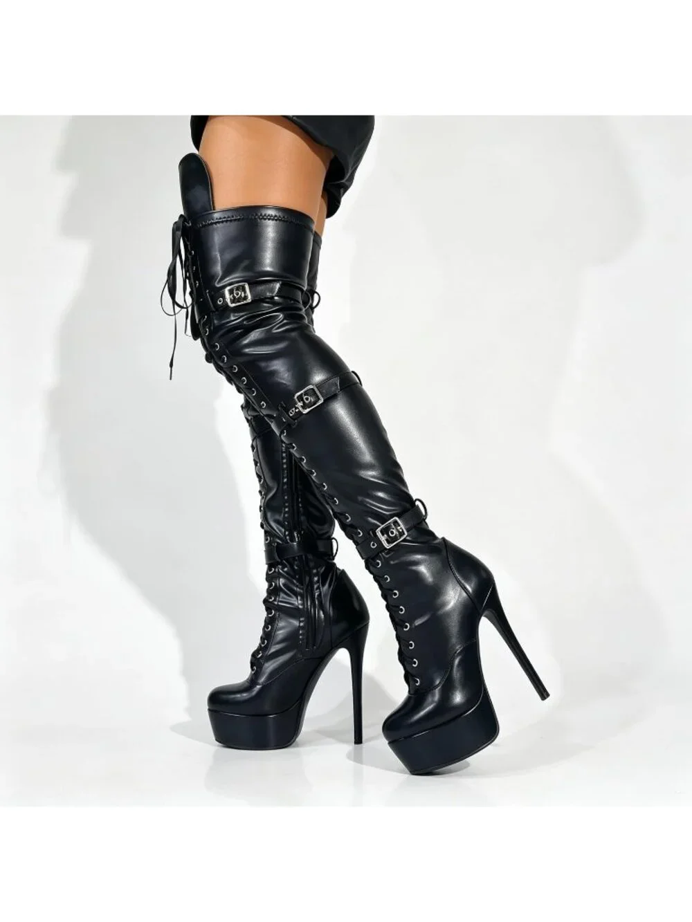 🆕Womens Black Faux Leather Platform Stiletto Adjustable Calf Over The Knee Boot